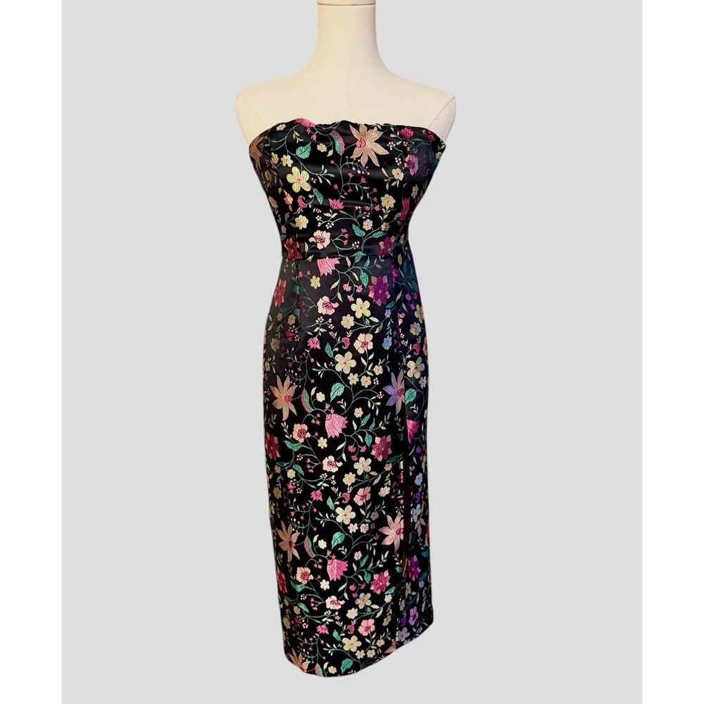 Lulus Make A Move Black Satin Floral Jacquard Midi Dress Size XS Side Slit Party - Picture 4 of 12